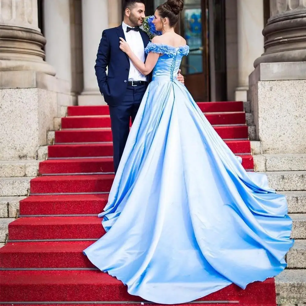 

Light Sky Blue Dresses Long Off The Shoulder Handmade Flowers A Line Satin Dress Lace Up Back Formal wedding dress