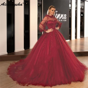 

Burgundy Muslim Evening Dresses 2019 Ball Gown Appliques Lace Dubai Saudi Arabic Long Sleeve Formal Evening Gown Prom Dress