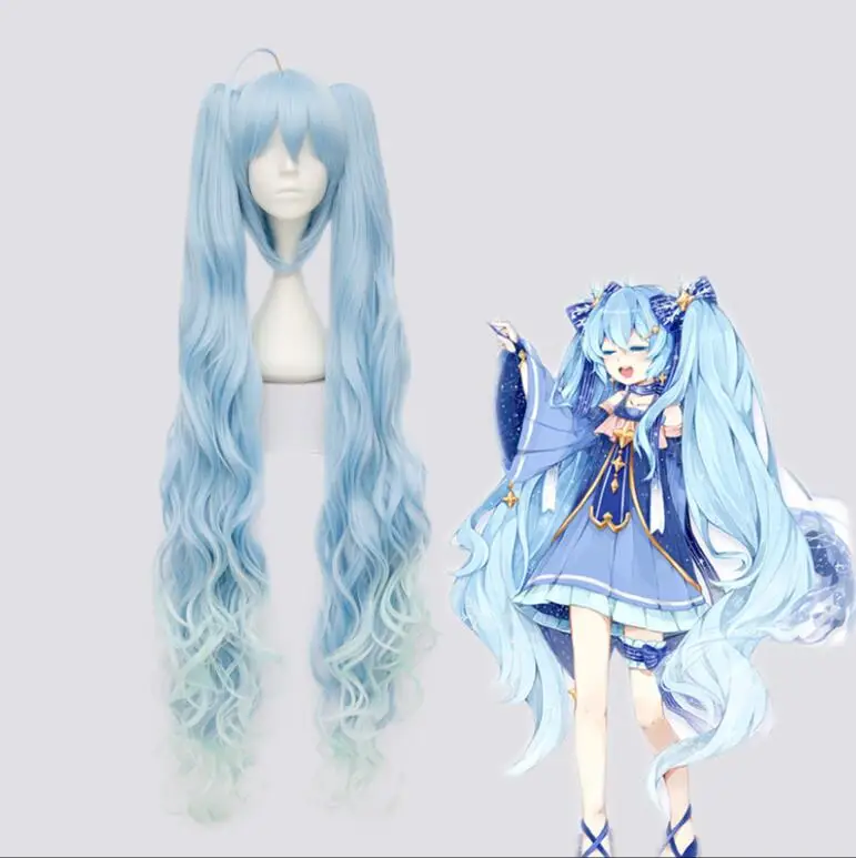 

2020 Vocaloid Hatsune Miku Snow and Starnight Long Curly Ponytails Gradient Light Blue Wig Synthetic Hair Halloween Hair