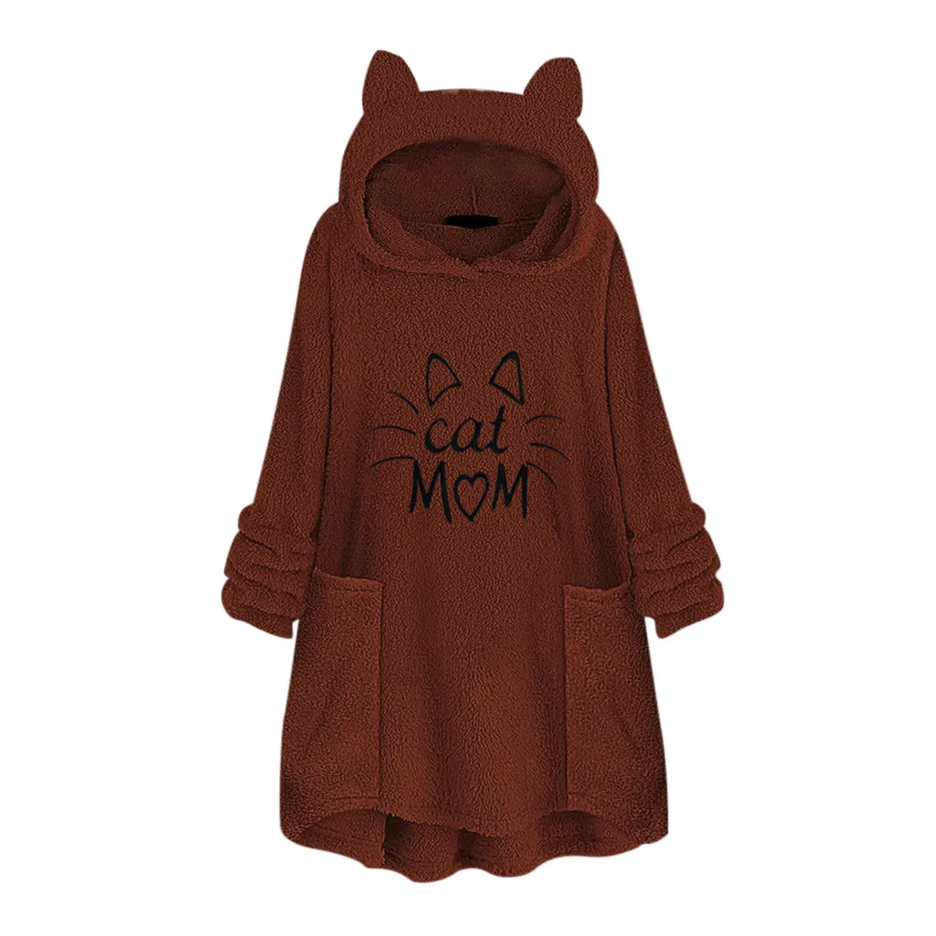 Women Sweatshirt Women Cat Mom Fleece Embroidery Cat Ear Hoodie Sweatshirts Pocket Pullover Top mujer Winter Hoodies#L20 - Цвет: Коричневый