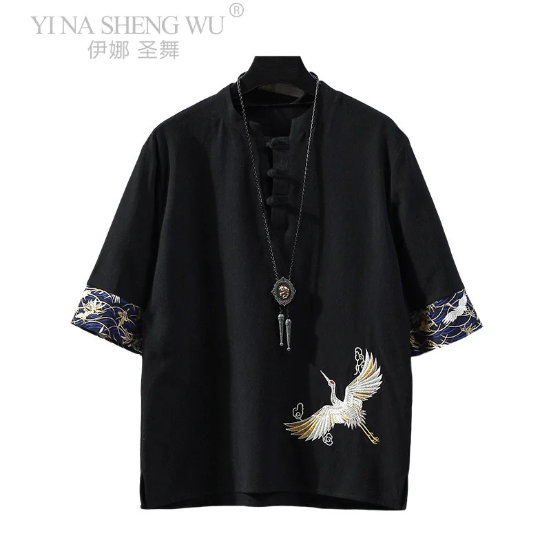Chinese Style Disc Button Linen T-shirt Men's Summer Short-sleeved Tang Shirt Loose Large Size T-shirt Japanese Kimono Men New japanese kimono japanese kimono shirt men women t shirt
