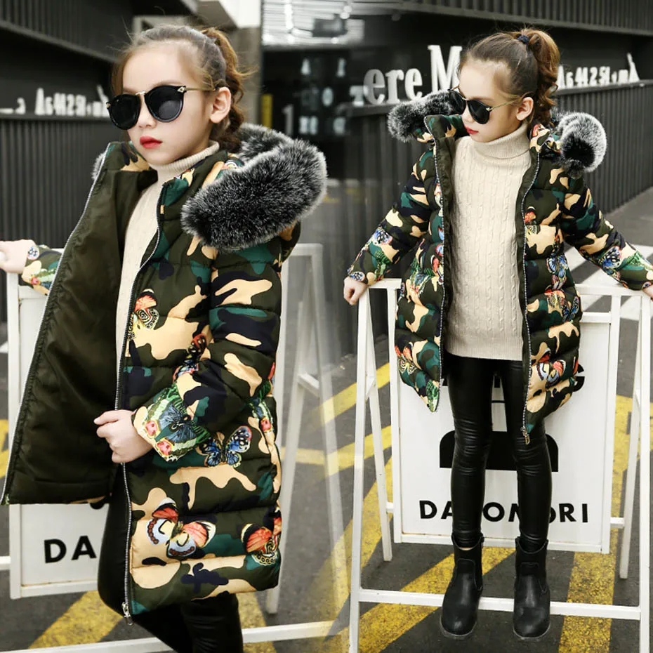 Coat For Girl Camouflage Outerwear For Girls Hooded Fur Collar Girls Coat Jackets Winter Warm Clothes For Girls 6 8 10 12 14