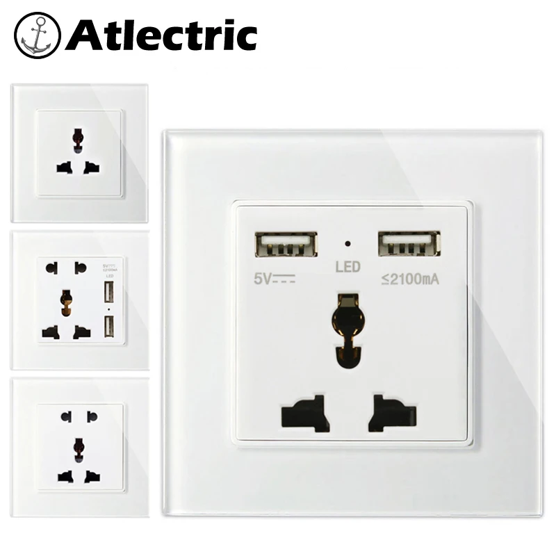 

Atlectric Multi-Function Socket With Dual USB Wall Sockets Glass Panel Charger Port Universal Standard For Mobile Outlet