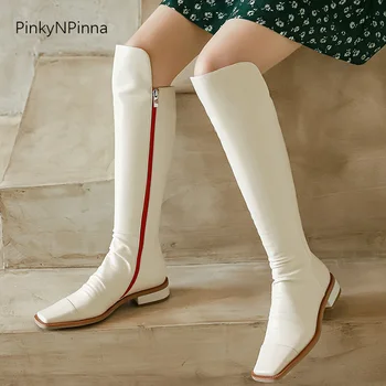 

2020 winter soft genuine leather women knee high long boots side zip low heels white office chic commuter warm plush lining