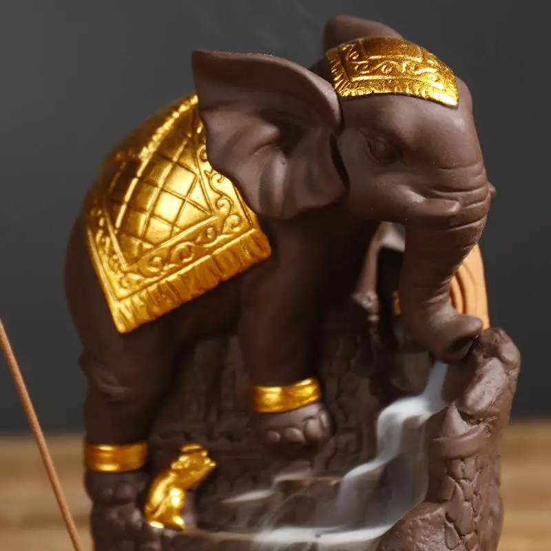 Elephant God Backflow Incense Burner Mountain River Handicraft Incense Holder Smoke Waterfall Ceramic Burner Quemador De Censer