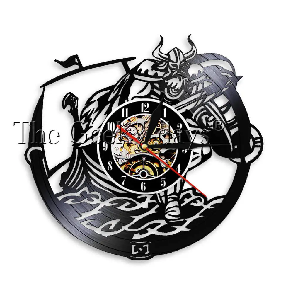 

Scandinavian Viking Odin And Gungnir Vinyl Record Wall Clock Weapons Sword And Shield Magical Wall Light Decorative Wall Watch