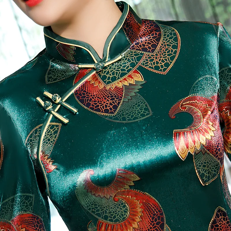 Классический китайский женский халат со стоячим воротником, с цветочным принтом осеннее велюровое китайское женское платье Элегантное Qipao Vestidos плюс Размер M-5XL