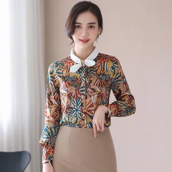 

Shirt Female Long Sleeve 2019 Backing Inside Chiffon Floral Slim Fit Occupation Q6203