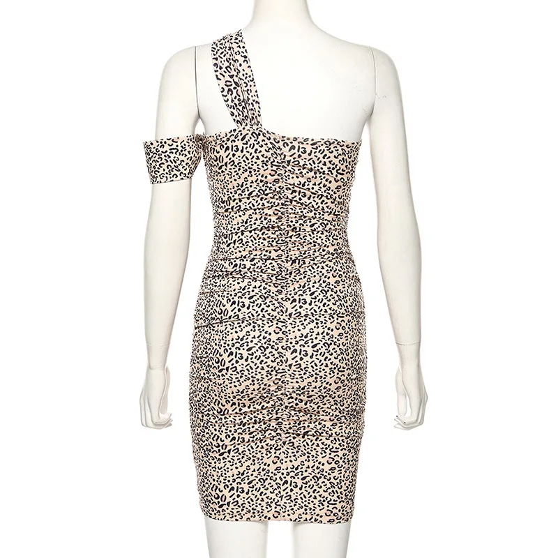Криптографическое леопардовое платье для женщин, мини-платье на одно плечо с лямкой через шею, мода осень, облегающее вечерние платья с открытой спиной, сексуальное Клубное платье