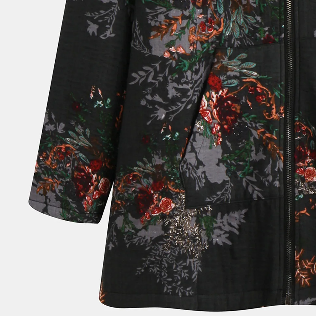 Осенне-зимняя женская куртка размера плюс с винтажным цветочным принтом, флисовое пальто с капюшоном и длинным рукавом, куртка Этническая Женская манто femme