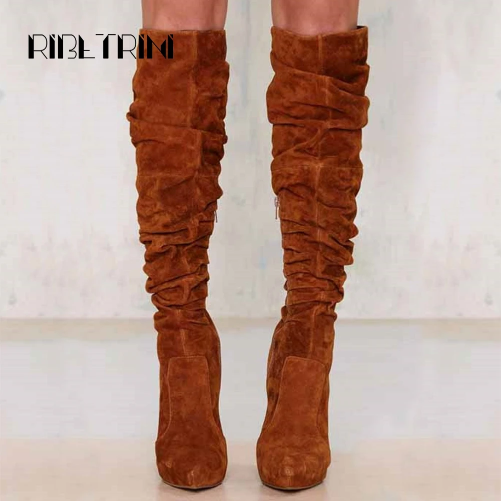 

RIBETRINI Women Knee Boots Sexy Stiletto High Heels Pointed Toe Less Platform Pleated Suede Shoes Woman Party Wedding Boots