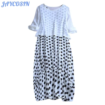 

JAYCOSIN Women Set Clothes Dot Print Plus Size Two Piece Set Long Sleeve Pullover Top and Dress Boho Summer Matching Sets