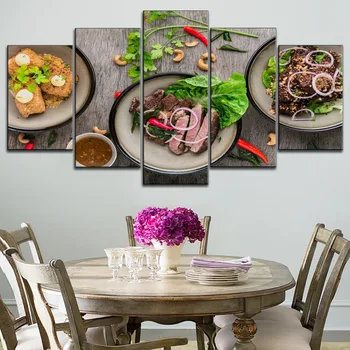 

5 Pieces Canvas Painting Spicy Ingredients And Steak Type Posters Modern A Dessert Shop or Restaurant Decorative Wall Artwork