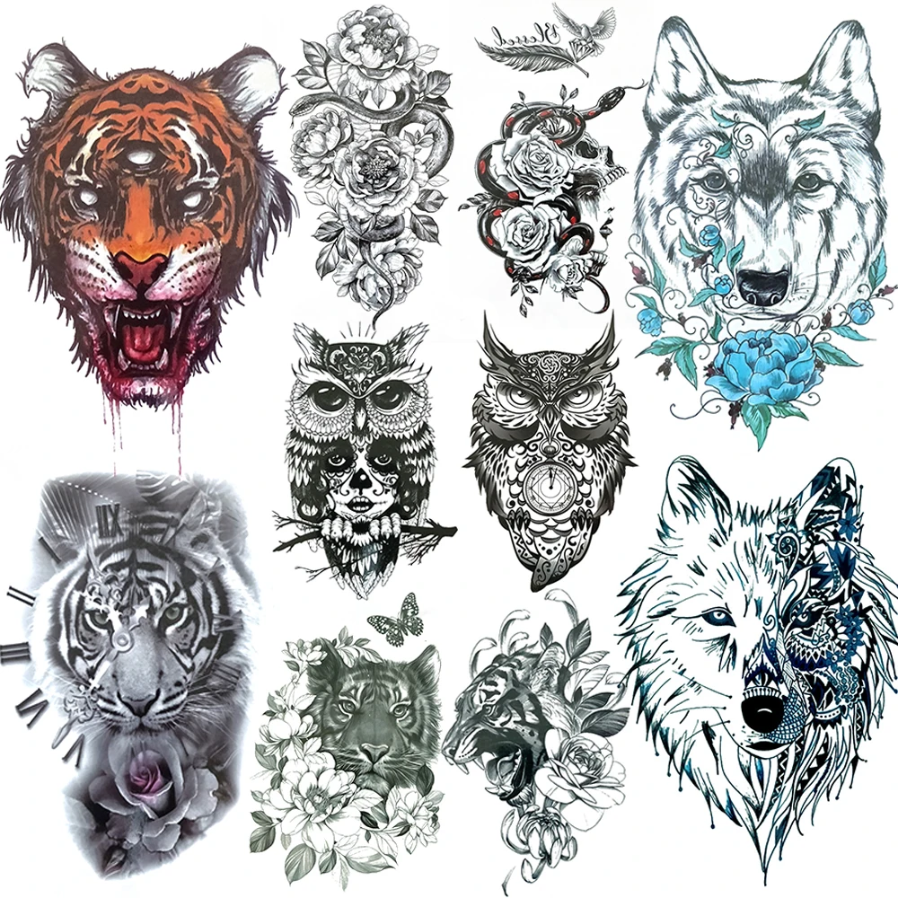

Snake Wolf Tiger Owl Tatoo Sticker 3D Black Animal Tattoo For Men Women Kids Hot Sale Monster Flower Disposable Temporary Tattoo