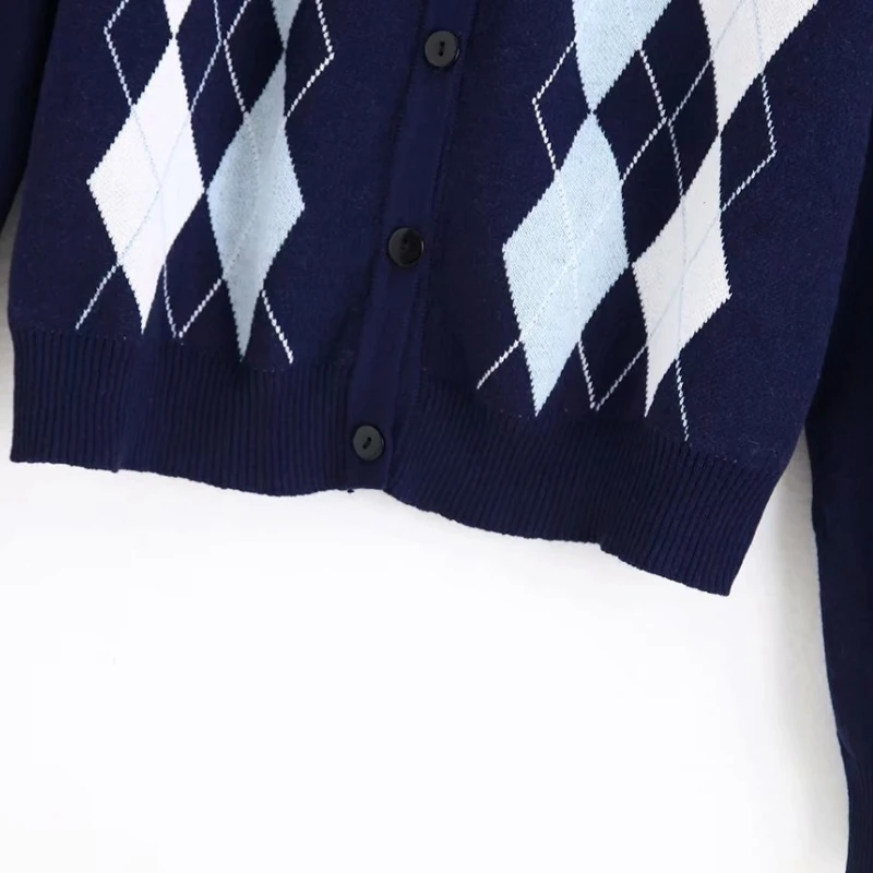 Осенний женский винтажный кардиган в стиле энглан с геометрическим узором, свитер с v-образным вырезом и длинным рукавом, повседневные тонкие свитера S109