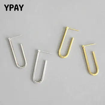 

YPAY 100% 925 Sterling Silver Paperlip Stud Earring for Girls Ladies Korean Simple U Shaped Earrings Fine Jewelry Gift YME281