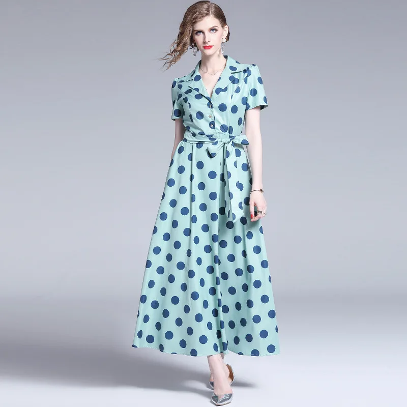 

Neon green polka dot dress long maxi boho dress 2019 summer designer runway fashion women V neck belt party evening clothes