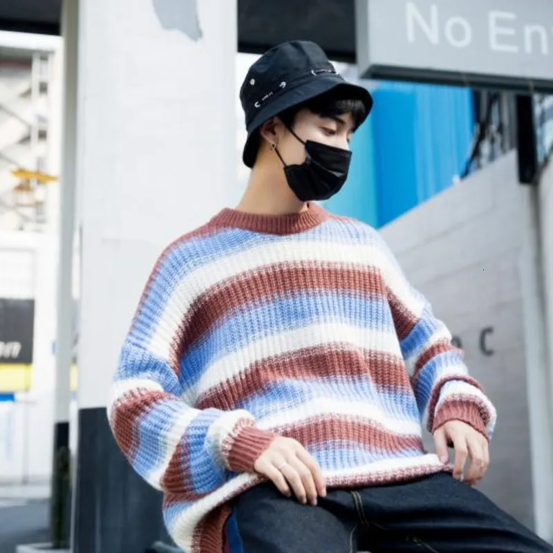 UYUK 2019 Autumn And Winter Models Wild Trend Loose Casual Striped Stitching Contrast Color Knit Round Neck Sweater UYUK 2019 Autumn And Winter Models Wild Trend Loose Casual Striped Stitching Contrast Color Knit Round Neck Sweater