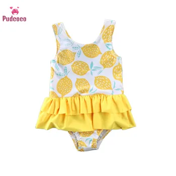 

Pudcoco 2020 Summer Toddler Baby Girl Swimwear Ruffle Swimsuit Bathing Beach Romper Clothes Lemon Cotton Clothing