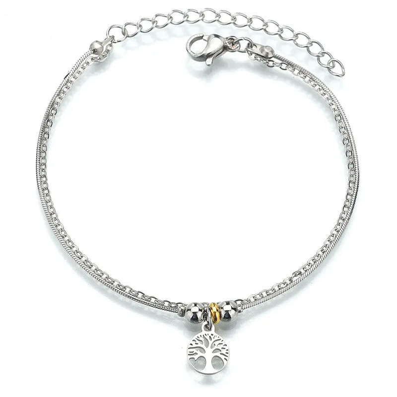 Fashion Double-Layer Life of Tree Women's Bracelet Silver Color Adjustable Snake Chain Link Bracelets Simple Charm Woman Jewelry |