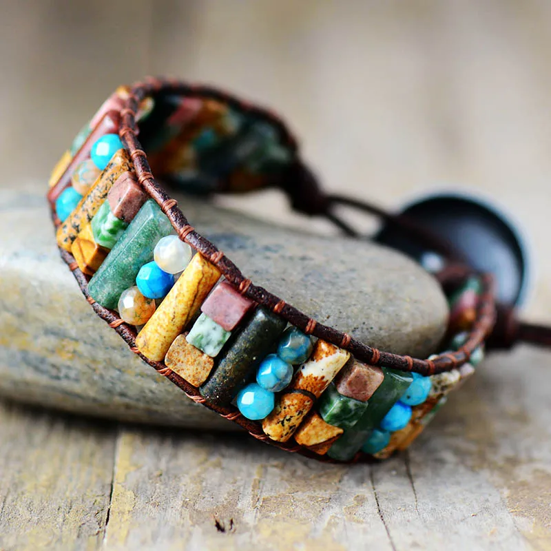 Tube Shape Natural Stones Single Leather Wrap Bracelet Semi Precious Stone Beaded Cuff Bracelet Women Boho Bracelet Dropshpip