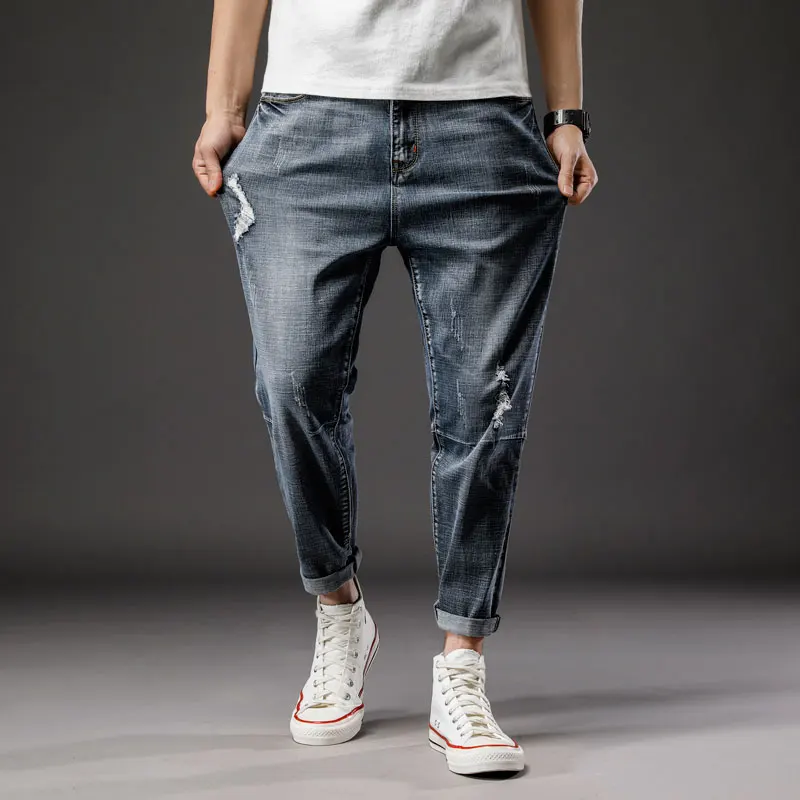 

46 размера плюс 2021 Лето Высокое качество Мужские Мешковатые рваные однотонные брюки карго Мужская Повседневная джинсовая куртка Модные длинные джинсы штаны