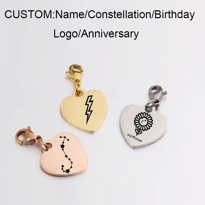 

custom pendant heart charms specification smooth stainless steel wafer drop pendant round card can lettering puckering Name logo