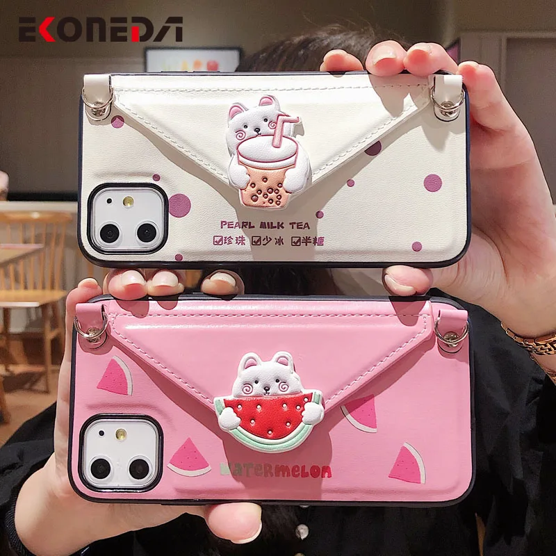 

EKONEDA Wallet Phone Bag Case For iPhone 11 Pro XS Max XR X 7 8 6 6S Plus SE 2020 Cartoon Animal PU Neck Strap Case Cover