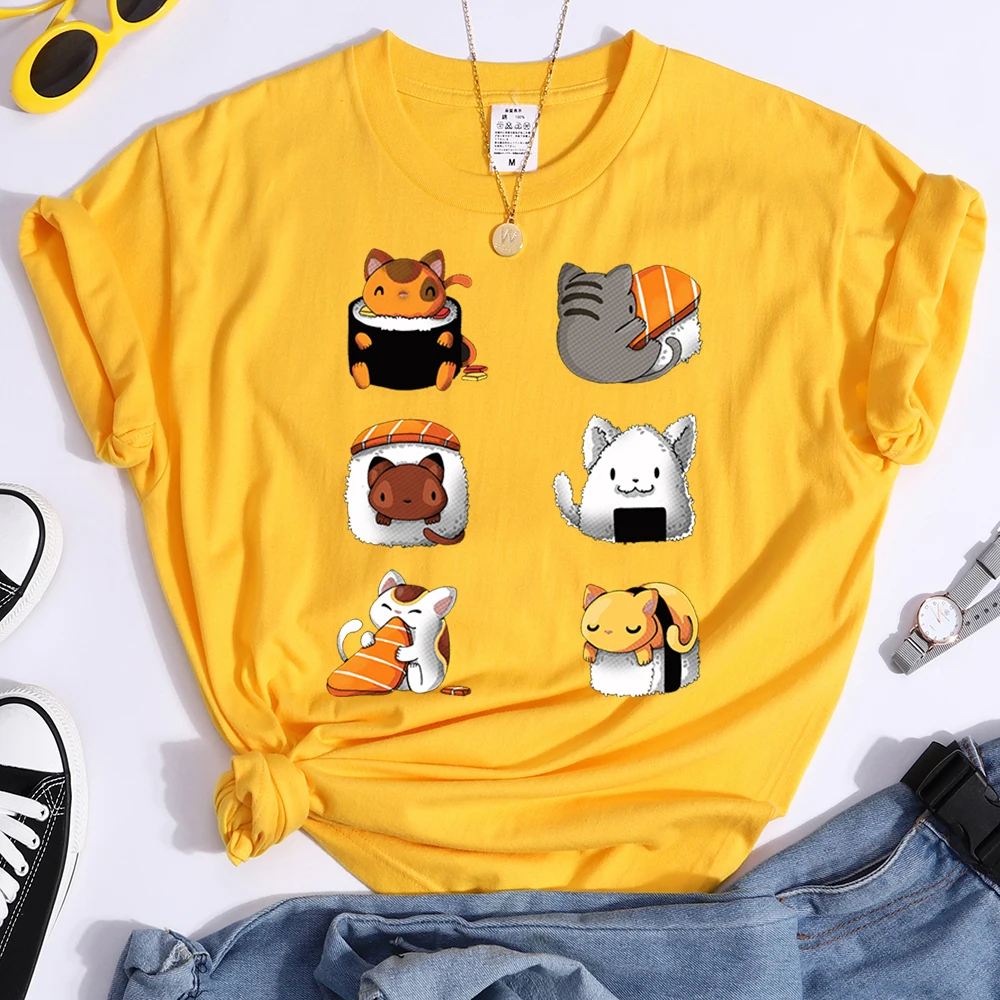Camiseta con estampado de gato Sushi adorable de dibujos animados para mujer, camisetas informales de algodón para mujer, camisetas de manga corta estilo gótico de Hip Hop para mujer