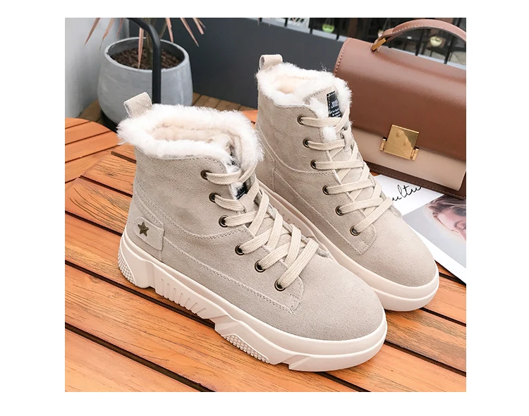 Aphixta Platform Shoes Winter Snow Boots Women Ankle Boots Flat Heel Star Lace-up Fur Bottes Flock Warm Plush Shoes Woman Boot