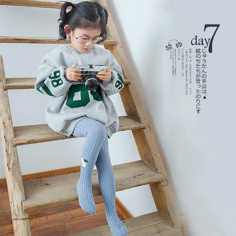Детские колготки для девочек; сезон осень-зима колготки в рубчик для маленьких детей теплые колготки из хлопка с вышивкой; колготки для детей 1-8 лет