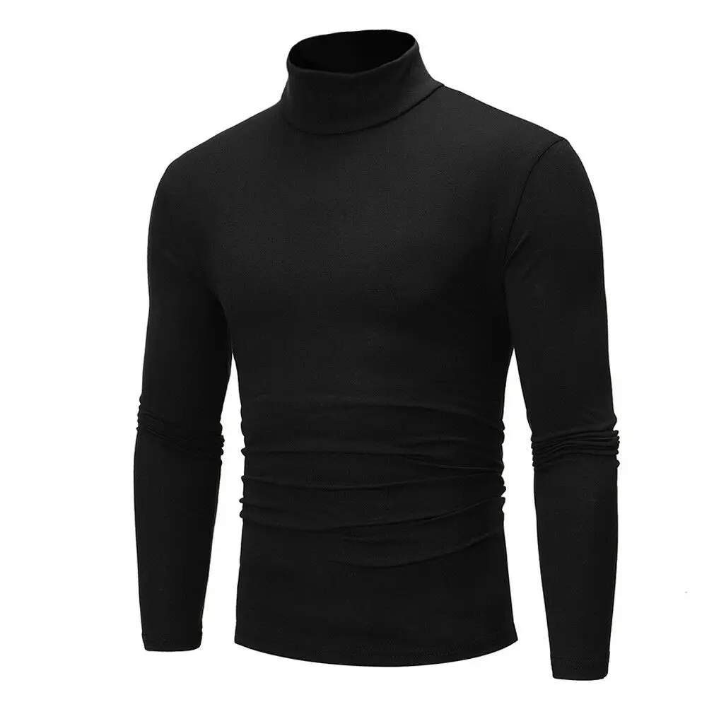 Mens Long Sleeve Cotton High Neck Turtleneck Stretch Slim Basic Tee Tops New Mens Roll Turtle Neck Pullover Knitted Sweater - Color: Black