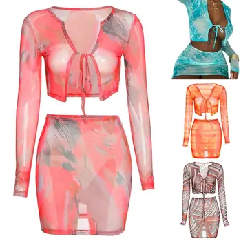 

Women Bohemian Sexy 2 Piece Outfits Set Long Sleeve Tie Front Crop Top High Waist Bodycon Mini Skirt Tie-Dye Stripes Sheer Mesh