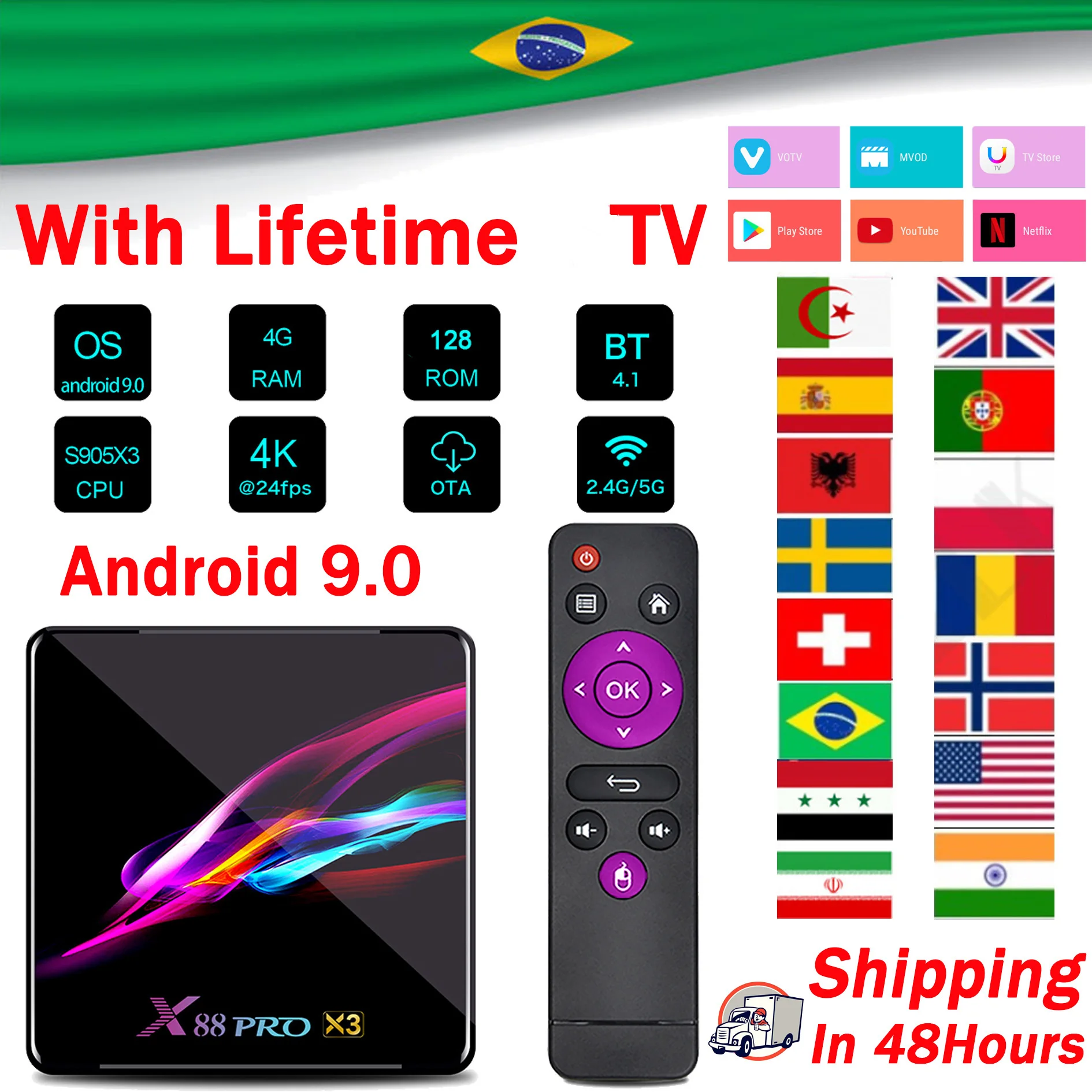 Brazil TV x88 PRO X3 Android9.0 Box 4GB64GB Amlogic S905X3 4K Youtube Netflix Google Top Box+Lifetime tv+i8 keyboard | Электроника