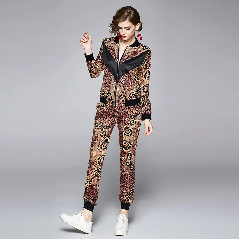 

Spring Fashion Runway Bomber Jacket Pants Suits Women's Leopard Print Zipper Jacket Coat+Elastic Waist Pant Set 2 Two Piece Set