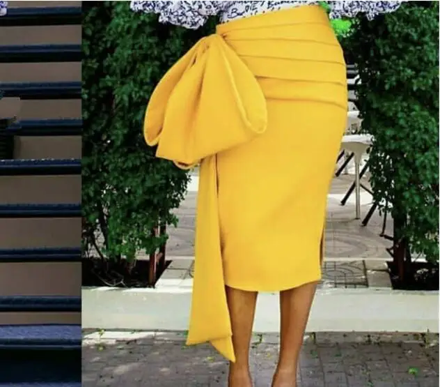 

Pencil Women's Skirts Party Ladies High Waist Bow Split Tight Ruched Skirt Midi Female 2020 Fashion New Arrival Plus Size