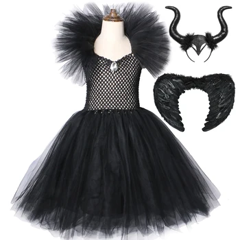 

Black Evil Queen Maleficent Tutu Dress for Girls Halloween Cosplay Costume with Horns Wings Tulle Kids Girls Fancy Party Dresses