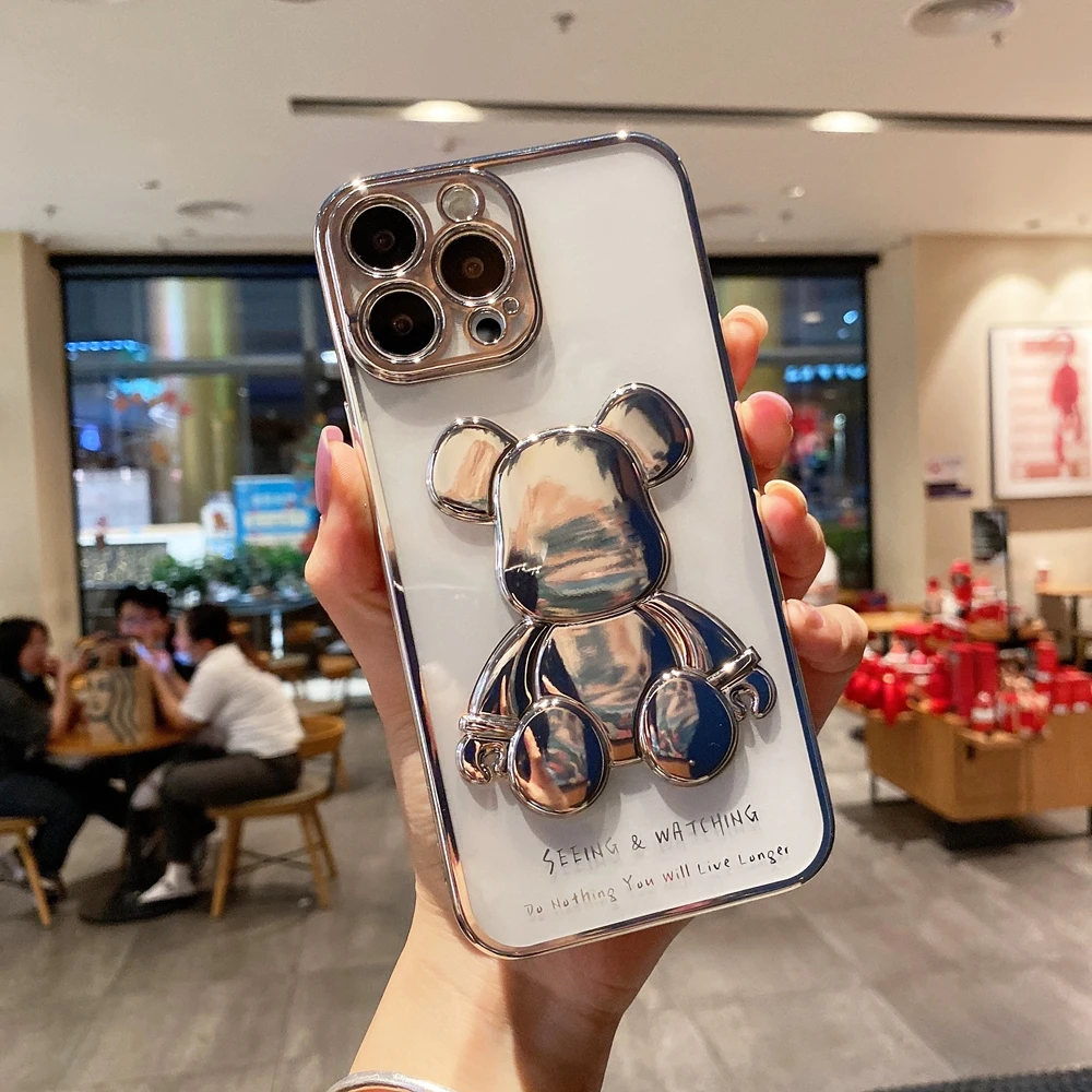 Cute Bear Plating Phone Case for iPhone 13 12 11 Pro Max X Xs Xr 8 7 Plus SE 2020 Transparent Silicone Lens Protection Cover
