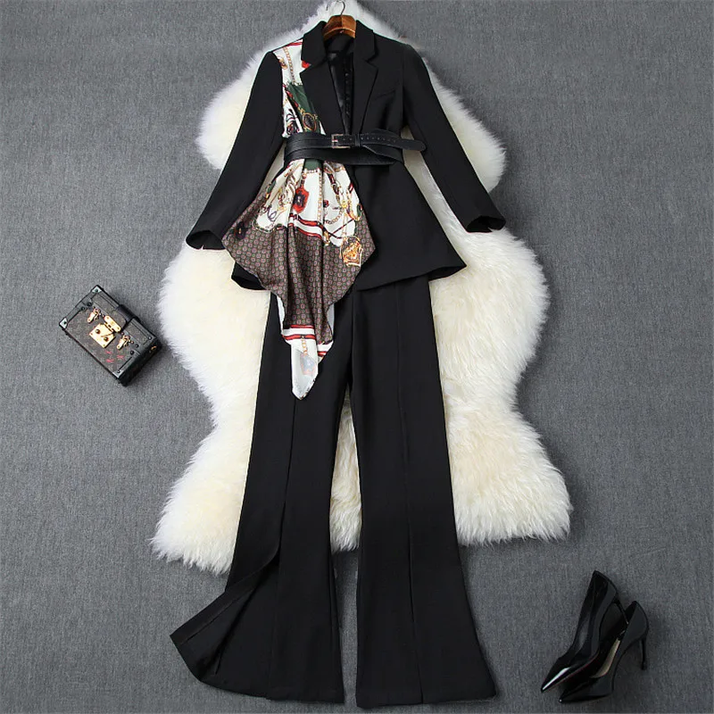 

2019 Brand Fashion Runway Designer Office Lady Pants 2Piece Set Women Autumn Notched Print Patchwork Blazer Suit Trousers Sets