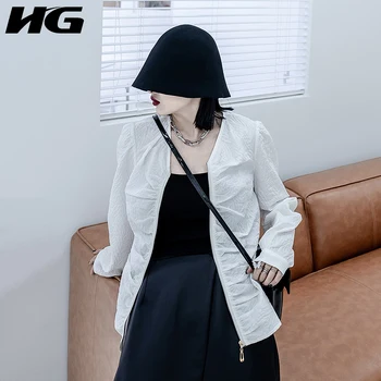 

HG Original Korean Coats Women Fashion Loose V Neck Zipper Minority Pleated Long Sleeve Jacket Women Trend Wild Autumn DZL1923