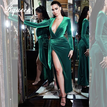 

Bqueen 2020 New Sexy Plunging Full Sleeved Pleated Party Dress Women Fashion Velvet Split Maxi Vestidos