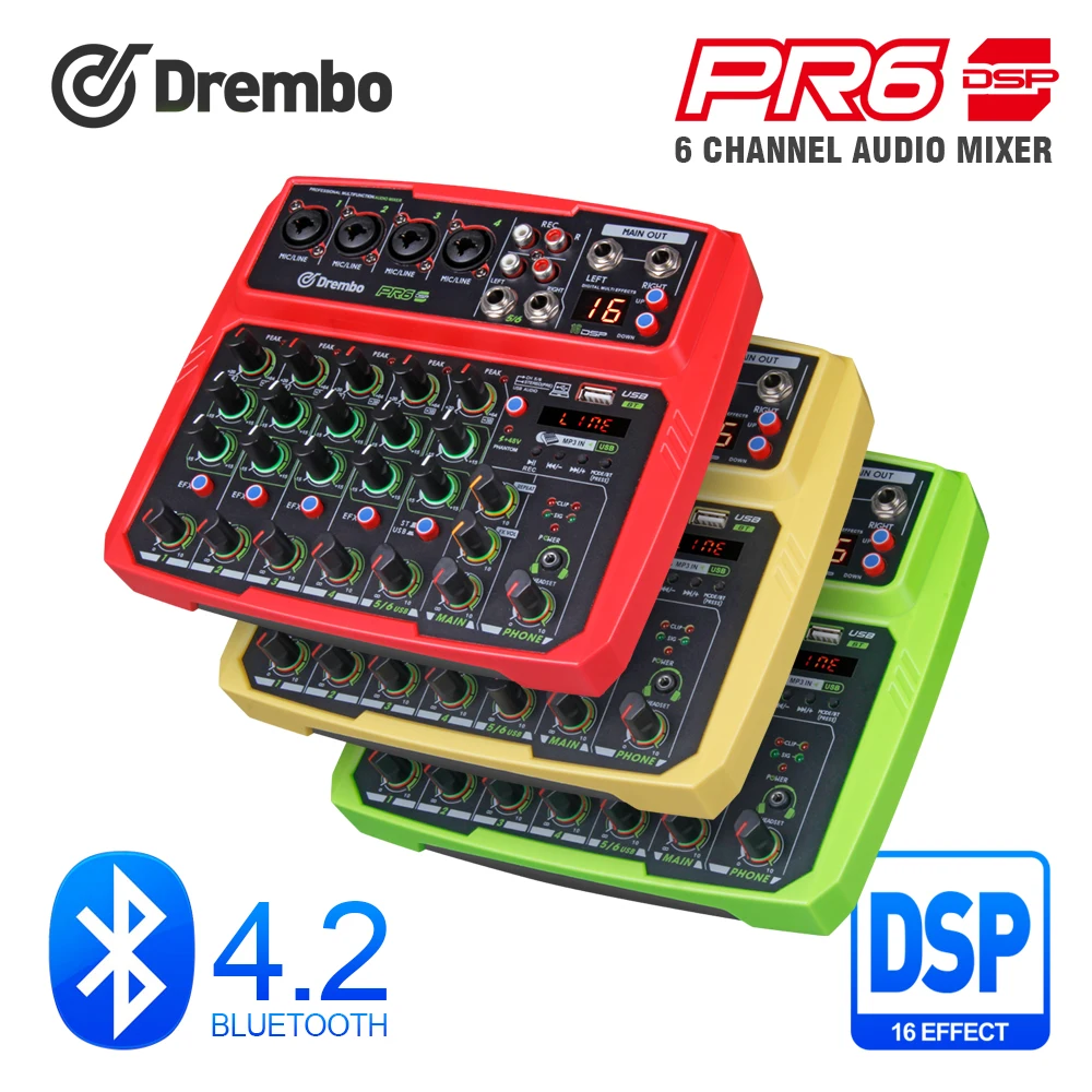 PRO PR6 6channel Protable digital audio mixer console with 16 DSP effect Sound Card,bluetooth, USB, for Karaoke DJ PC Recording