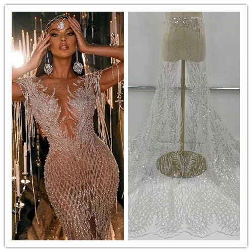 

high quality french SYJ-428881 sequins lace african tulle fabric nigerian handmade beaded embroidery with beads 5 yard