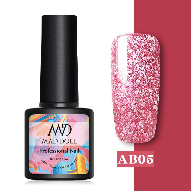 AB05 MAD DOLL, 8 мл, УФ-гель для ногтей, розовое золото, блестки, блестки, замачиваются, УФ Гель-лак, Цветной Гель-лак для ногтей, сделай сам, лак для ногтей - Цвет: AB05