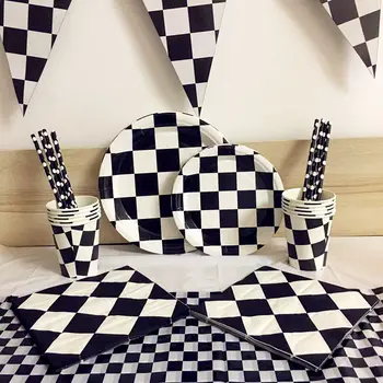 

62PCS/set Racing car Birthday party supplies for Kids paper plates Cups Black white plaid Disposable tableware Chess Theme Party