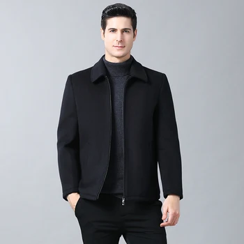 

Men Wool Blending Outerwear Turn-Down Collar Long Sleeve Double Breasted Short Design Navy Wool Coat Solid Color Men Woolen coat