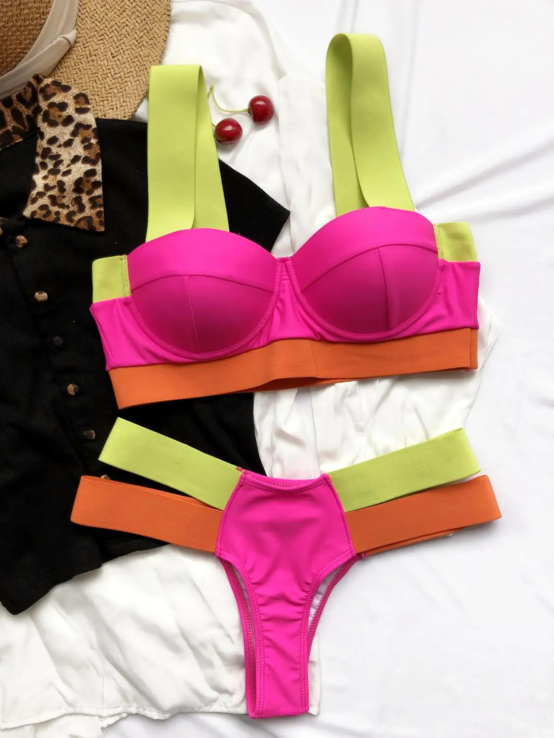 New Splicing Push up Bra Cup Bikini Women Swimsuit Female Swimwear Two-pieces Bikini set Thong Bather Bathing Suit Swim Lady
