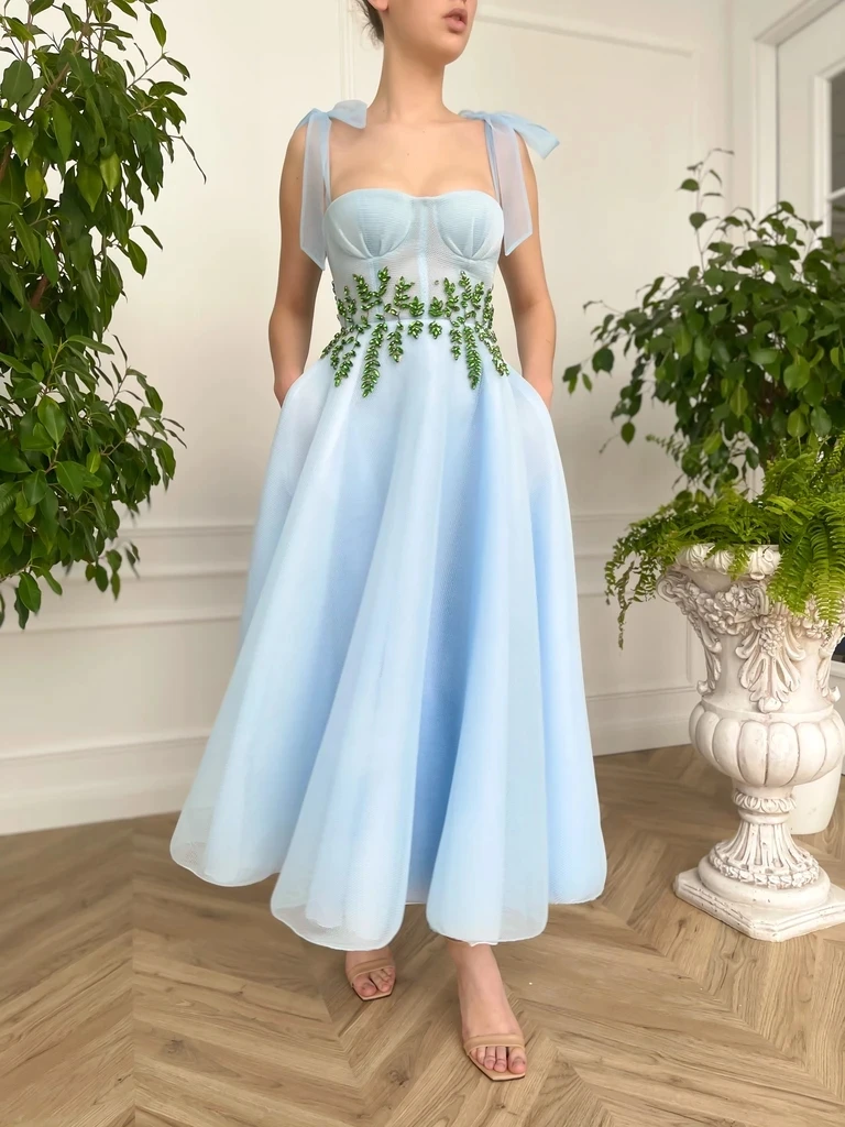 

Sky Blue Moroccan Prom Dresses A-line Spaghetti Straps Ankle Length Tulle Beaded Robe De Soiree Prom Gown Evening Dresses