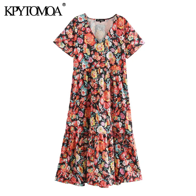 KPYTOMOA Women 2020 Chic Fashion Floral Print Pleated Midi Dress Vintage V Neck Short Sleeve Female Dresses Vestidos Mujer KPYTOMOA Women 2020 Chic Fashion Floral Print Pleated Midi Dress Vintage V Neck Short Sleeve Female Dresses Vestidos Mujer