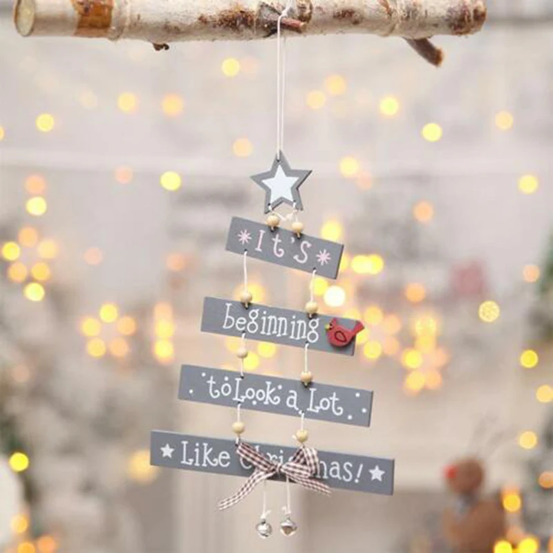 Christmas Tree Wooden Hanging Pendant Store Door Ornament Xmas Decoration